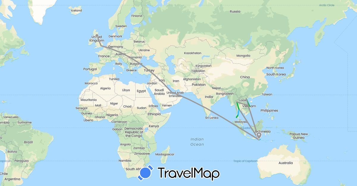 TravelMap itinerary: driving, bus, plane, boat in United Kingdom, Indonesia, Qatar, Thailand, Vietnam (Asia, Europe)